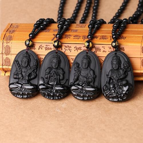 Natural Stone Black Crystal Carved Buddha Lucky Amulet Pendant Necklace Fine Jewelry for Women Men Sweater chain Pendants