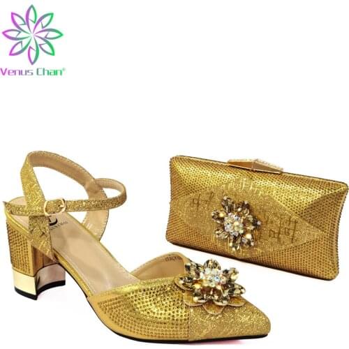 2021 Gold Color New Arrivals Mature Women Shoes and Bag to Match Set Christmas Party Sandal for Party