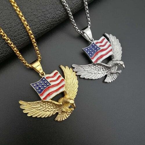 Gold Color American Flag Eagle 316L Stainless Steel Necklace Statement Jewelry Hawk Animal Charm Pendant & Chain For Men