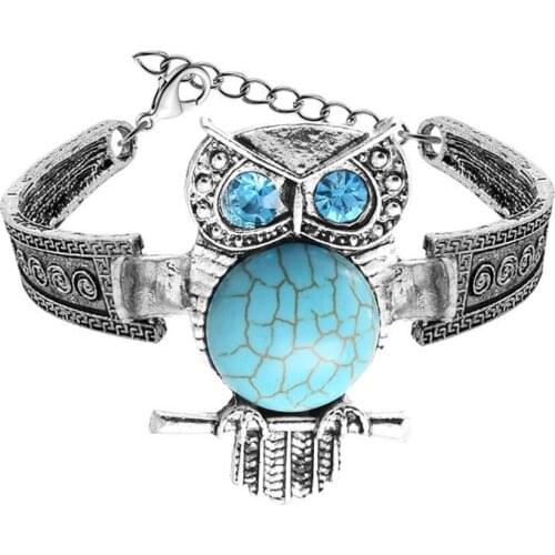 Silver Plated Wisdom Owl with Green Turquoises Stone Link Chain Bracelet for Gift Animal Jewelry