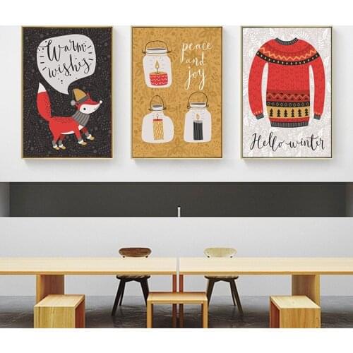 Hello Jolly Deer and Fox Animals Poster Canvas Painting Chrismas Tree Painting Quote Print Wall Art Nursery Christmas Decor