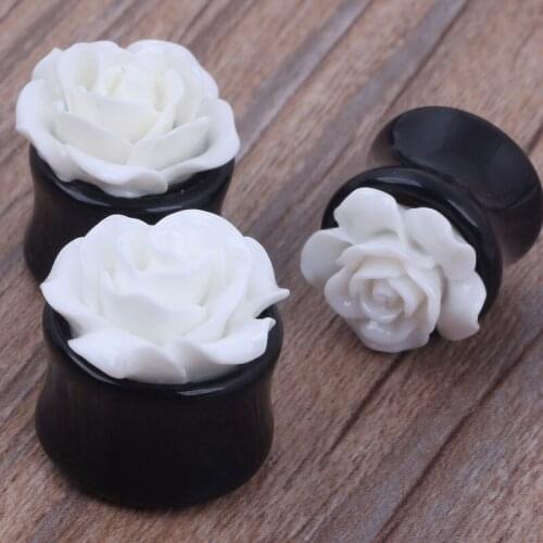 New Style White Rose Flower Solid Black Ear Plug Bone Flesh Tunnel Body Piercing Earring Jewelry Mix 6-16mm 120pcs/lot