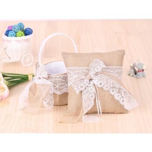 Hot sale 7 * 7 inches Vintage Burlap Lace Bowknot Ring Bearer Pillow and Rustic Wedding Flower Girl Basket Set