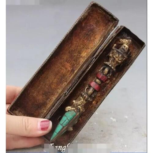 Tibet Turquoise Coral Bronze Inlay Jewel Faqi Phurba Dagger Holder With Box