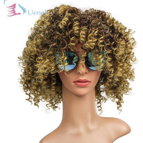 Uenel Good Quality Fashion Yellow or Brown Bouncy Curly African Women Synthetic Wigs High Temperature Fiber 15inch Free Shipping
