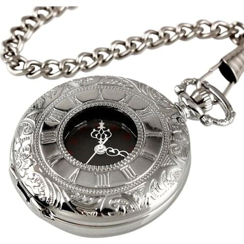 Vintage Silver Color Pocket Watch Hollow Round Watches Case Roman Numerals Black Dial Quartz Pocket Watch Necklace Chain Gifts