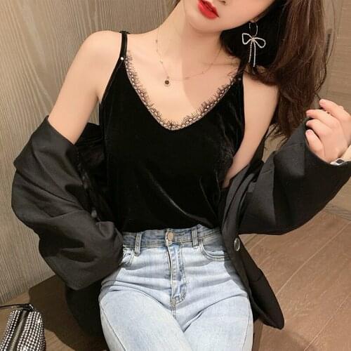 WWENN Women Camis Tanks Lace Top Halter Velvet Camisole Spring Summer Sexy V-Neck Sleeveless Low Chest Womens Clothing