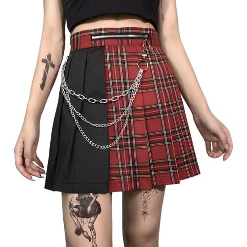 Womens Polyester Casual Mini Pleated Skirt High Waist Plaid Print Patchwork Skirt with Metal Chain
