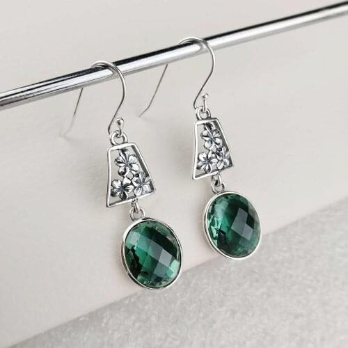 2019 new products S925 silver cut green crystal flower earrings long original retro female Earrings accessories
