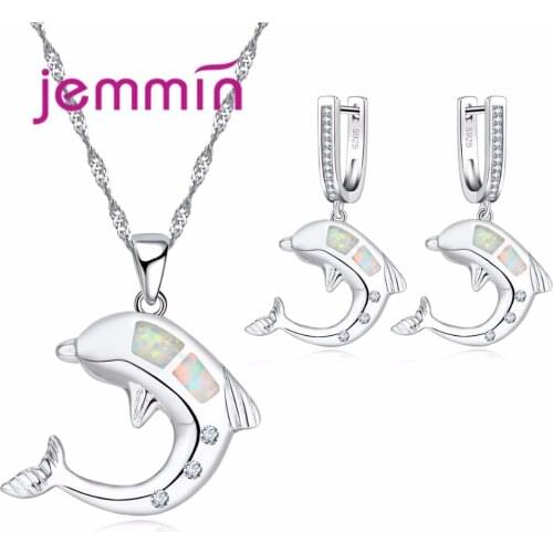 White Opal Necklace Earring Set For Women Fine S925 Stamped Sterling Silver Dolphin Jewelry Sets For Party Accessories