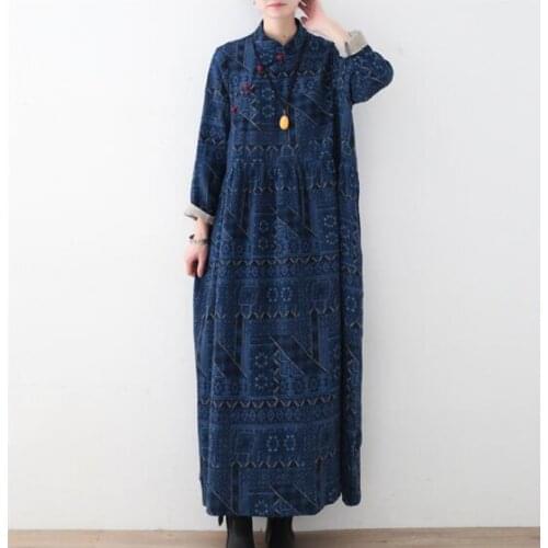 Women Stand Collar Printed Dress Female Vintage Dresses Female Loose Spring Autumn Dress 2020