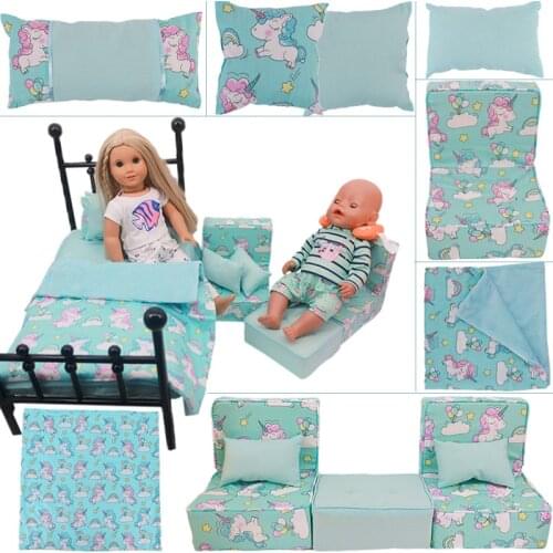 10Pcs/Set Doll Baby Furniture=5Pillows+3Sofas+1Quilt Cover+1Bed Sheet For 18 Inch American&43 CM Reborn New Born Baby Doll Girl