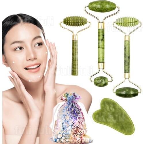 2pcs Face Massager Roller Natural Jade Stone Guasha Board Scraper Set Facial Lift Skin Relaxation Slimming Beauty Neck Thin Tool