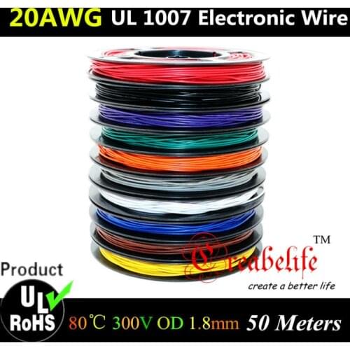 50 Meters/roll 20 AWG - Flexible Stranded 10 Colors UL 1007 Diameter 1.8mm Electronic Wire Conductor To DIY