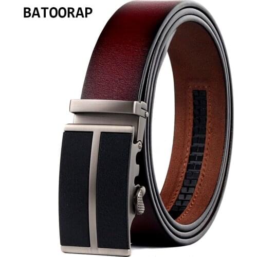 BATOORAP Genuine Leather Belt For Men Black Matte Buckle Automatic Cowhide Cowboy Strap Belt Vintage Wine Red 110-130CM BA-FGZ05