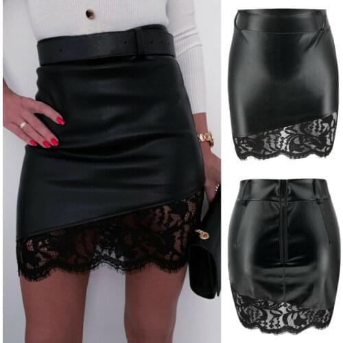 Noble Fashion Women Sexy PU Leather Lace High Waist Stretch Bodycon Slim Mini Pencil Skirt