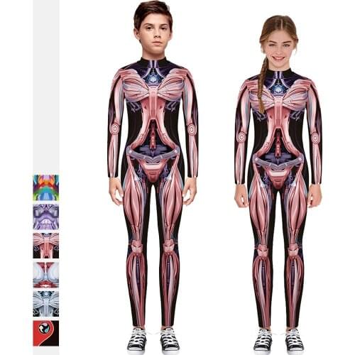 Boys Girls Hallween Bodysuit Cosplay Steampunk Costume Skeleton Print Jumpsuits Mechanical Zentai Romper Casual Fitness Outfit