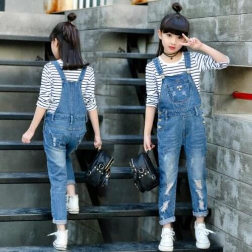 Kids Denim Overall for Girls Children Spring Autumn Suspenders Jeans Teenage Jumpsuit Casual Girls Hole Denim Overalls 3-14 Year