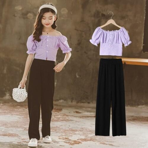 2021 summer Girl clothes Tracksuit Kid teenager boat neck strapless plaid blouse shirt + wide leg pant 6 7 8 9 10 12 13 14 years