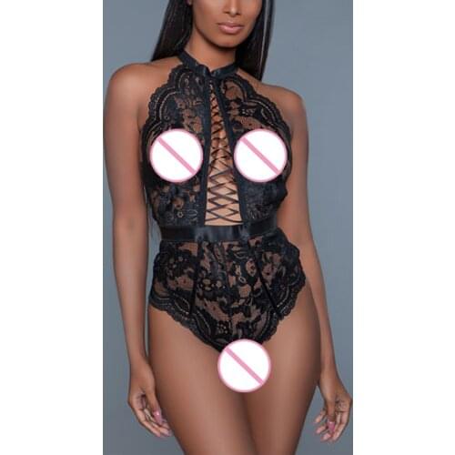 Erotic Lingerie Bodysuit Black Flower Lace V Neck Sexy Sleevless Temptation Backless Underwear for women Bielizna Erotyczna