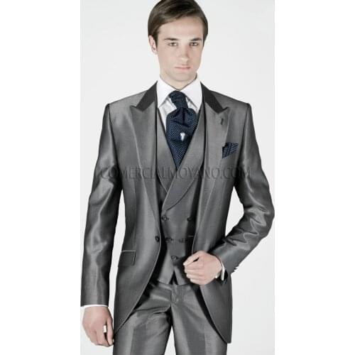 Brand New Groom Tuxedo Shiny Grey Groomsmen Peak Lapel Wedding/Dinner Suits Best Man Bridegroom (Jacket+Pants+Tie+Vest)B338