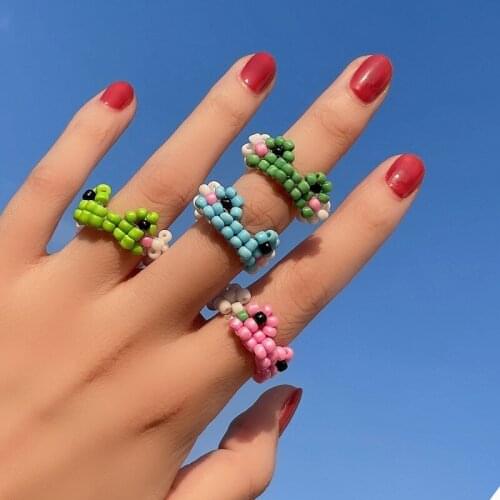 New Cute Frog Ring Beads Resin Acrylic Rings Simple Animal Aesthetic Jewelry Friendship Bohemian Beaded Rings for Women Girls