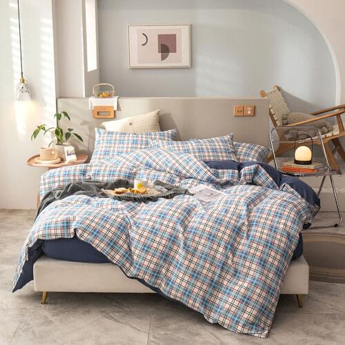 Blue Beige Stripes Plaids Lines Duvet Cover Set Cotton Queen Size Bedding Set Bedlinens Flat Sheet Pillow Cases