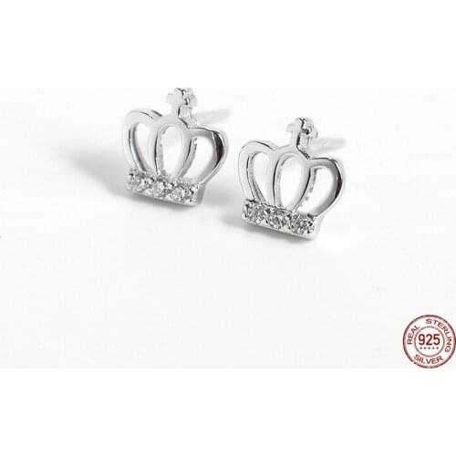 LKO 925 Sterling Silver Set Zircon Rhinestone Princess Crown Ear Piercing Stud Earrings Women Wedding Fashion Jewelry Gifts