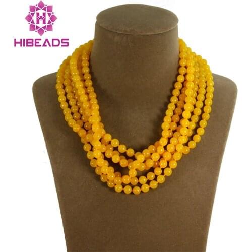 Trendy Gorgeous 6 Rows Yellow/Gold Round Beads Costume Jewelry Necklace Yellow Nigerian Jewelry Free Shipping ABL670