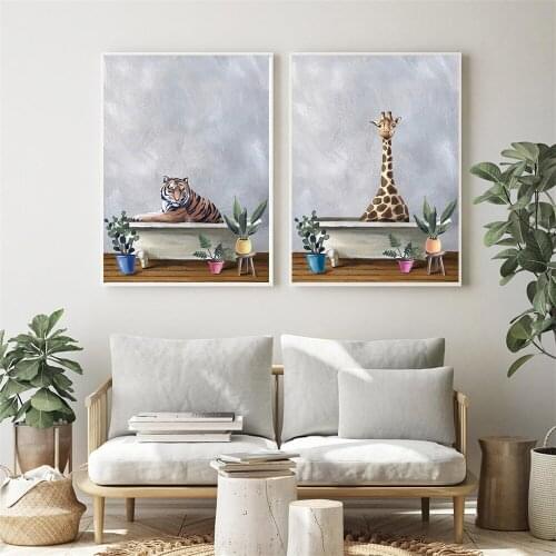 Nordic Tiger Giraffe Toilet Wall Art Poster Leaf Botanical Art Print Animal Canvas Painting Modern Pictures Living Room Decor