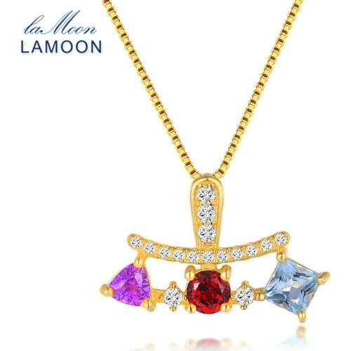 LAMOON Pyramid 4*4mm Natural Amethyst Garnet Topaz Necklace 925 Sterling Silver Chain+Pendant Jewelry for Women and Men LMNI060