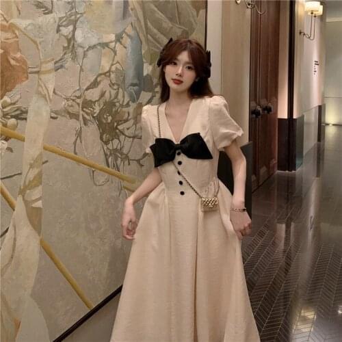 Dress French V-neck Bowknot Puff Sleeve Short Sleeve Dress Womens Summer New Style Skirt Waist Mid-length Dress