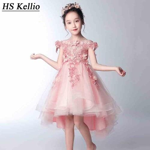 HS Kellio Girls' Pageant Dresses Party Pink Off Shoulder High Low Flower Girl Dresses With Three D Flowers
