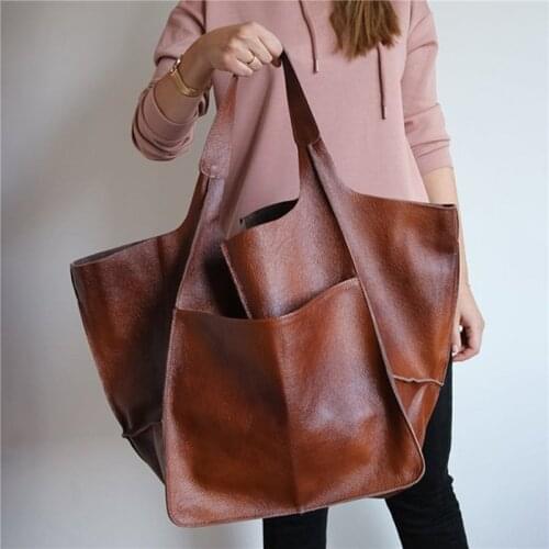 Casual Soft Large Capacity Tote Women Handbags Designer Look Luxury Pu Leather Shoulder Bag Retro Big Shopper Purses