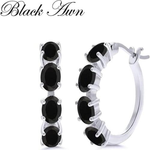 Black Awn New Classic 925 Sterling Silver Round Black Trendy Spinel Engagement Hoop Earrings for Women Fine Jewelry I193