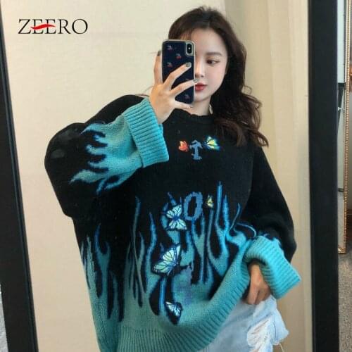 Sweaters Streetwear Jumper 2021 Autumn Winter Flame Knit Sweater Butterfly Applique Pullover Loose Harajuku Sweater Women