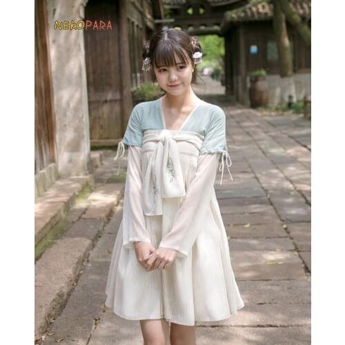 Mori Girl Chinese Style Hanfu Ruqun Womens Long Sleeve Big Bow Green & Beige Patchwork Dress One Piece