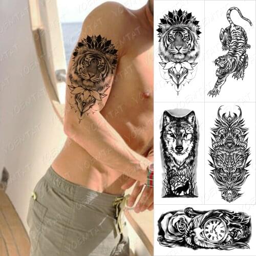 Waterproof Temporarytattoo Sticker Tiger Lotus Mandala Flash Tattoos Tiger Lion Crown Skull King Body Art Arm Fake Tatoo Women