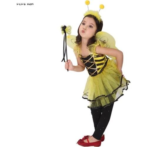 Yellow M-XL Girls Halloween Bee Insect Costume Kids Children Fairy Anime Cosplay Carnival Purim Stage Show Role play party dress