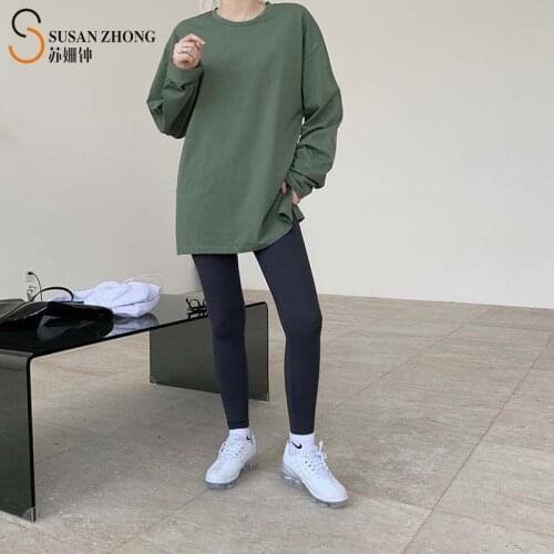 Women T-Shirt White Female Tops Cozy Athleisure Spring Fall Cotton Loose Long Round Neck Drop Shoulder Casual Basic Minimalist