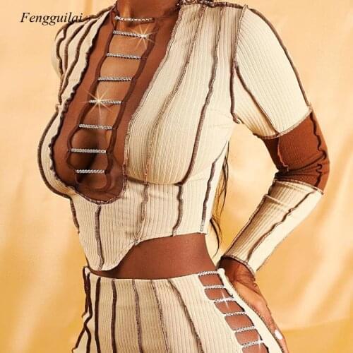 2021 Spring New Chest Hollow Out Splicing Fashion Design Diamonds Decorate Long Sleeve T-Shirt Top