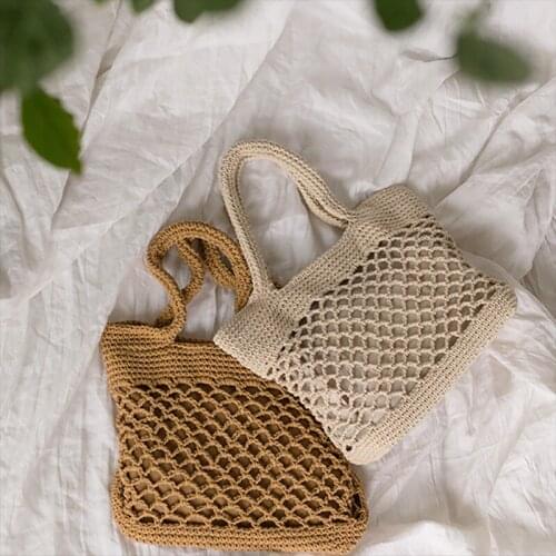 Womens Summer Hollow Out Solid Color Handbag Cotton Fabric Large Shoulder Bag Handmade Kintted Travel Bags