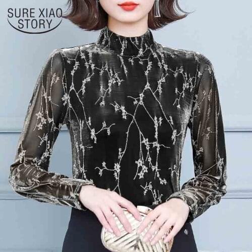 Vintage Autumn 2021 Mesh Long Sleeve T-shirt Bright Silk Half High Collar Blouse Women Elegant Sexy Splicing Shirt Blusa 16727