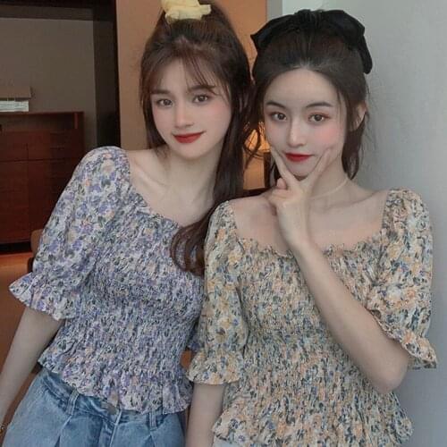 Womens Floral Print Blouses Slash Neck Sweet Short Sleeve Chiffon Summer Shirt Tops