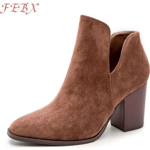 Women Ankle Boots 2021 Female Pointed Toe Flock Square Heels Lady Slip on Vintage Plus Size Shoes Autumn Winter Womens Footwear