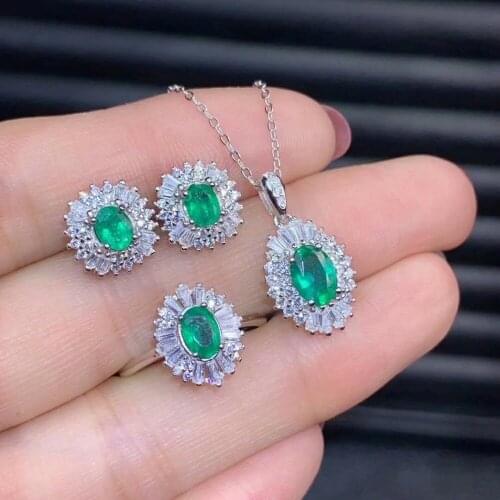 SHILOVEM 925 sterling silver Natural Emerald rings earrings pendants wedding women wholesale new gift dtzj0406z0507e0405agml