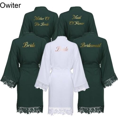 Owiter 2019 Dark Green Bride Bridesmaid Bride Robes Cotton Kimono Robes with Lace Trim Women Wedding Bridal Robe Short Bathrobe
