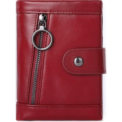 Womens Wallet Genuine Leather Cowhide RFID Wallet Zipper Snap Ladies Business Card Holder Female Red Coin Purse Money Bag