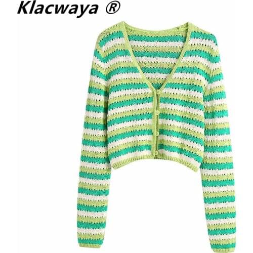 Klacwaya 2021 Women Summer Stripe Knitting Vintage V-Neck Single-Breasted Female Sweet Cardigan Fashion Sweater Short Top