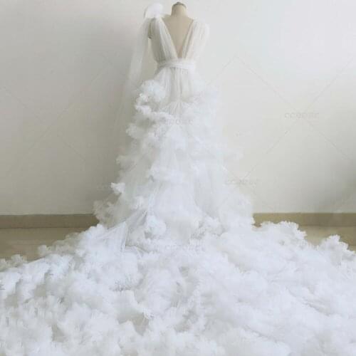 Women Ruffle Tulle Dress Perspective Sheer Puffy Bridal Robes Sleepwear Wedding Dressing Gown Maternity Photo Shoot Dress